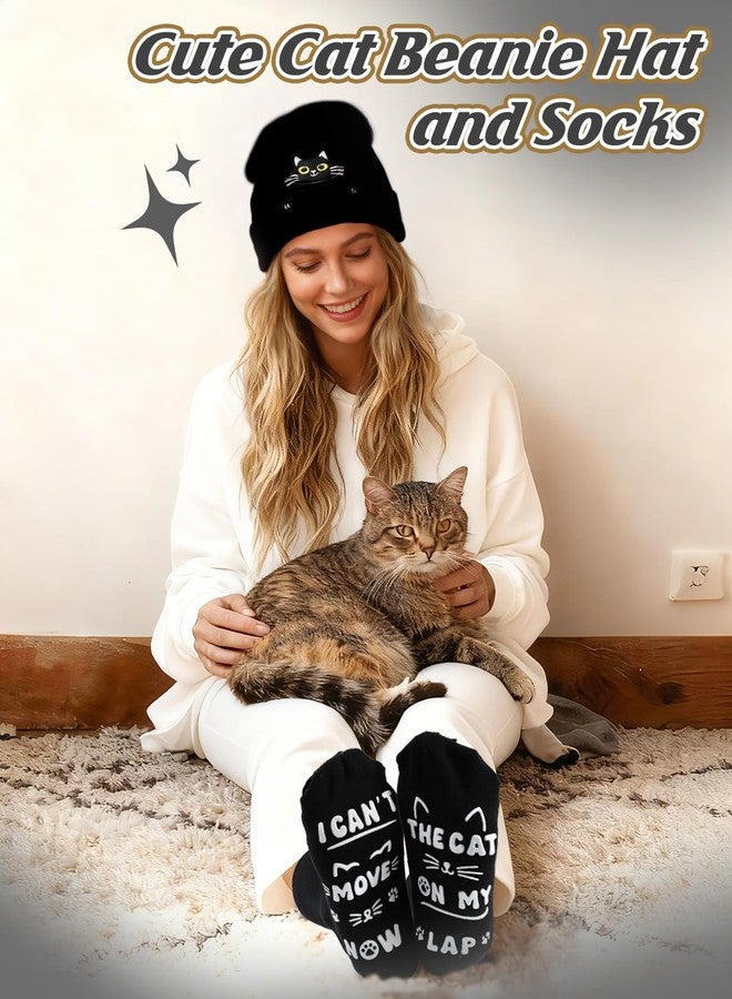 Bigmeta Cat Beanie Hat and Funny Socks for Women - Cute Warm Christmas Stocking Stuffers Gifts for Cat Lovers, Black - Image 2